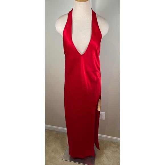 Reformation Meral Halterneck Open Back Satin Cherry Red Midi Dress Size XL - Picture 4 of 9